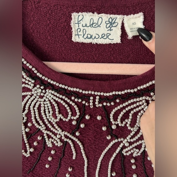 Anthropologie Field Flower Pearled Bow Pullover Crew Sweater Wool Embellished XS - Picture 2 of 15